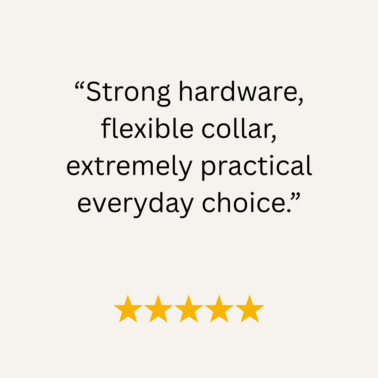 Product review text with five-star rating on a white background