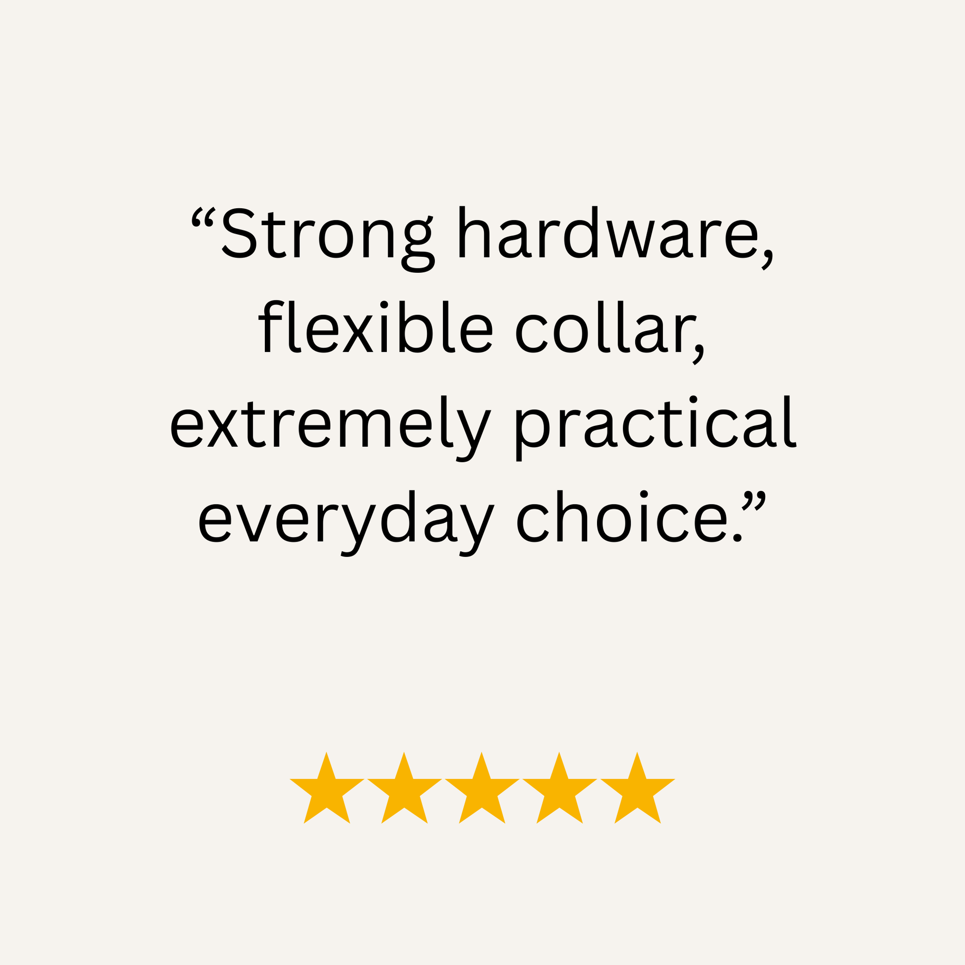 Product review text with five-star rating on a white background