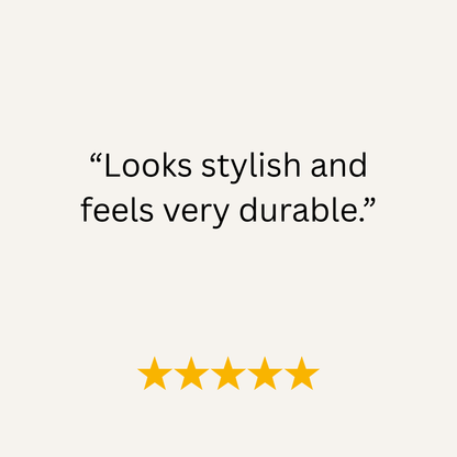 Five-star rating with text 'Looks stylish and feels very durable.' on a white background