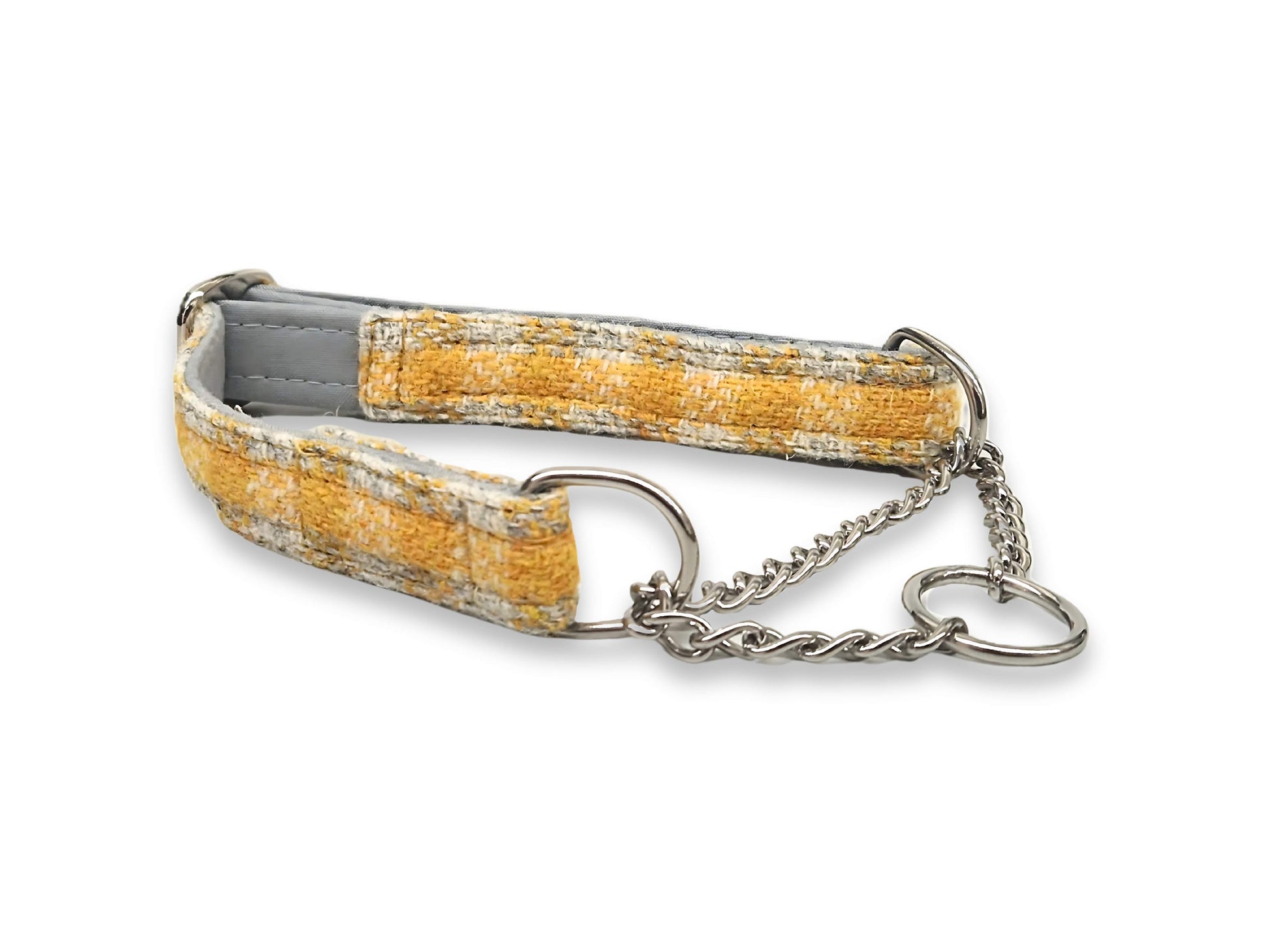 Sunflower check tweed martingale dog collar, handmade in Yorkshire with soft cotton lining for comfort and secure gentle control