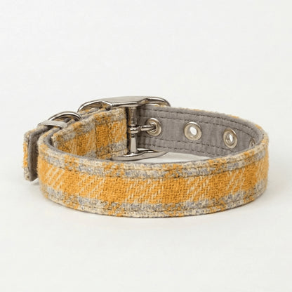 Dog collar with a yellow and gray pattern on a white background