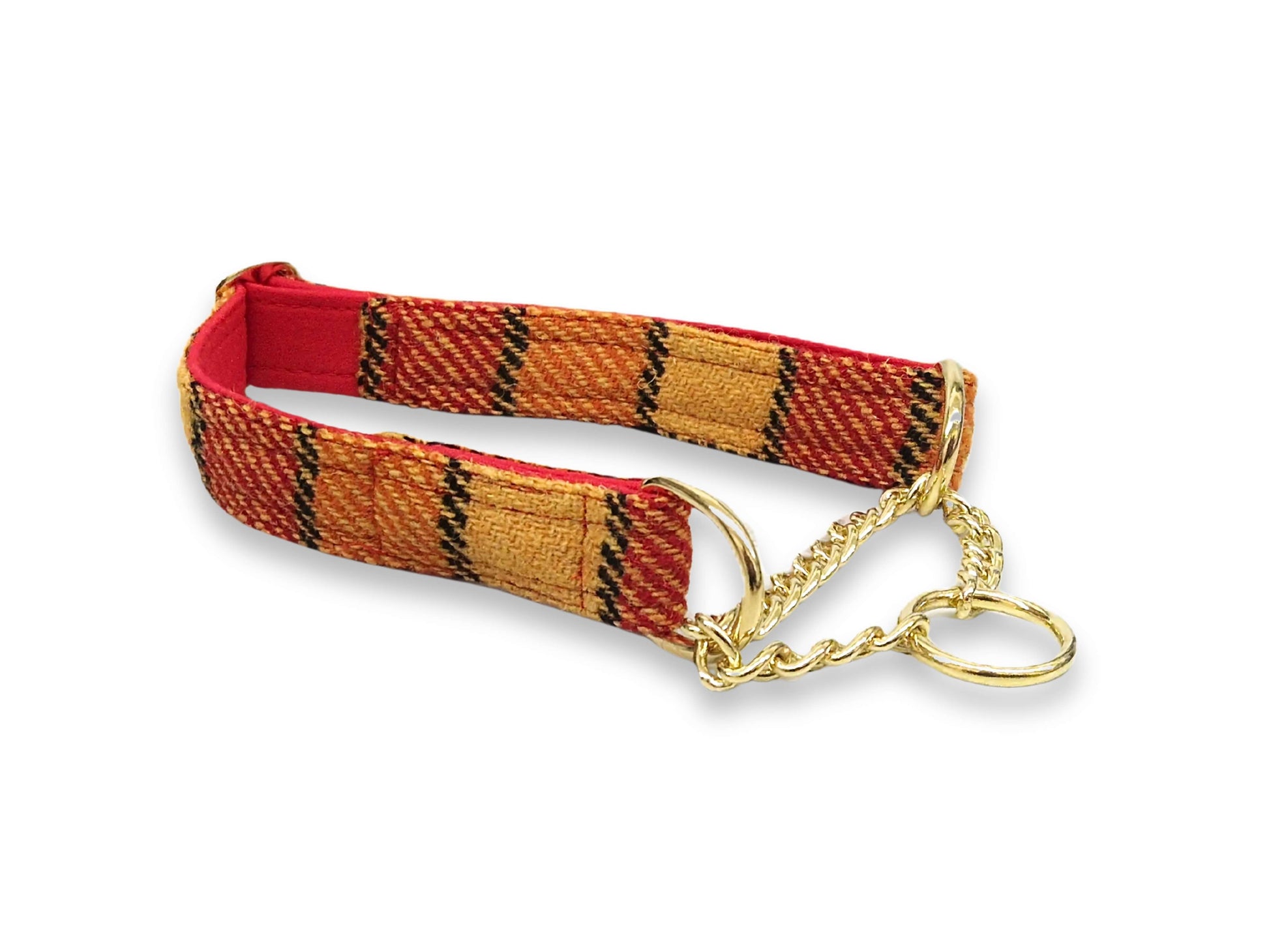 Sunset check tweed martingale dog collar handmade in Yorkshire, soft-lined and stylish, perfect for dogs needing gentle training support