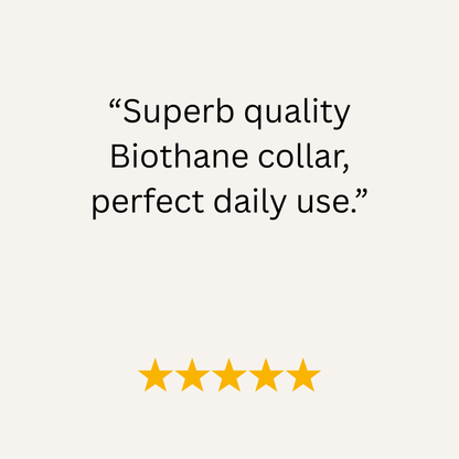 Five-star review for a biothane collar on a white background