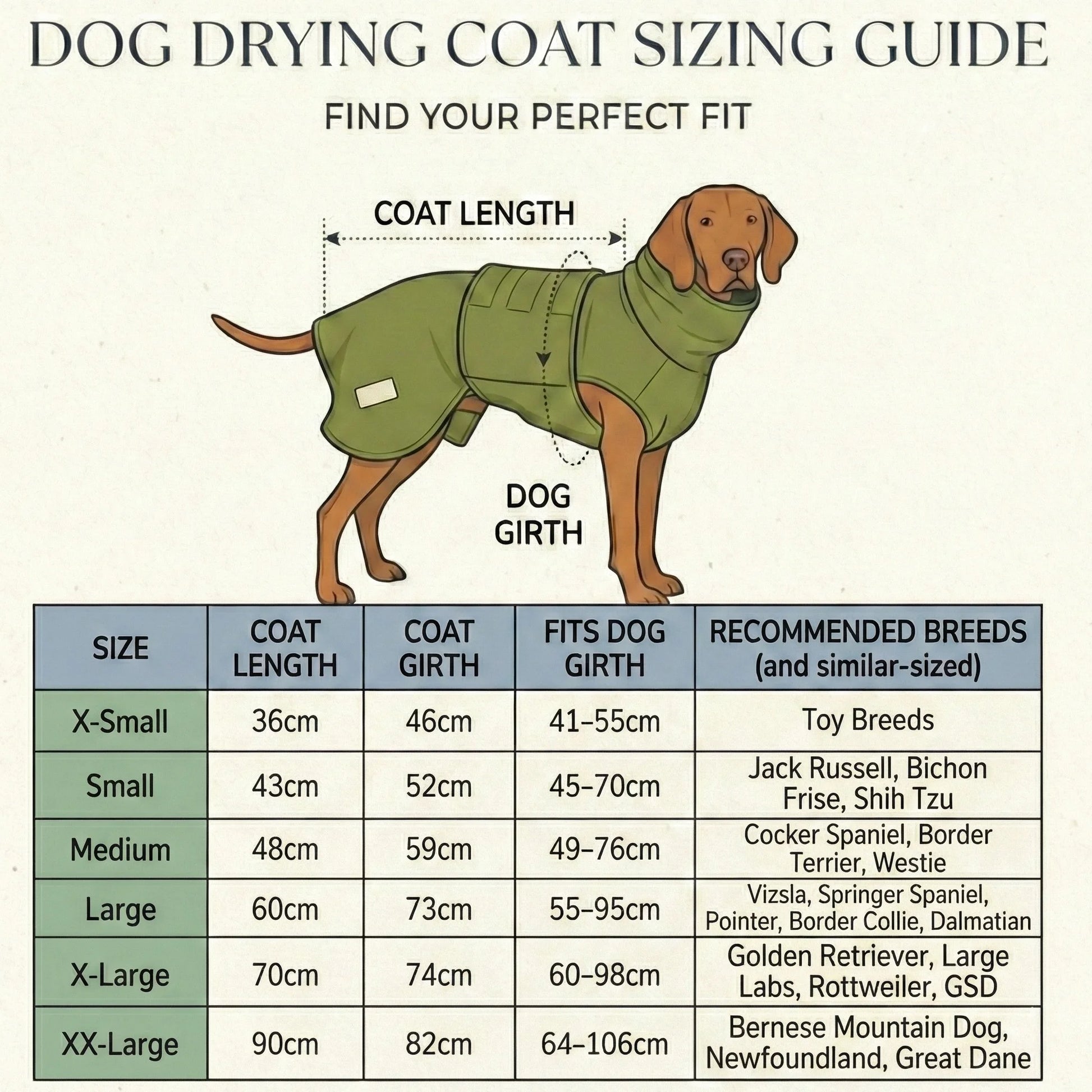 Dog drying coat sizing guide with measurements and recommended breeds.