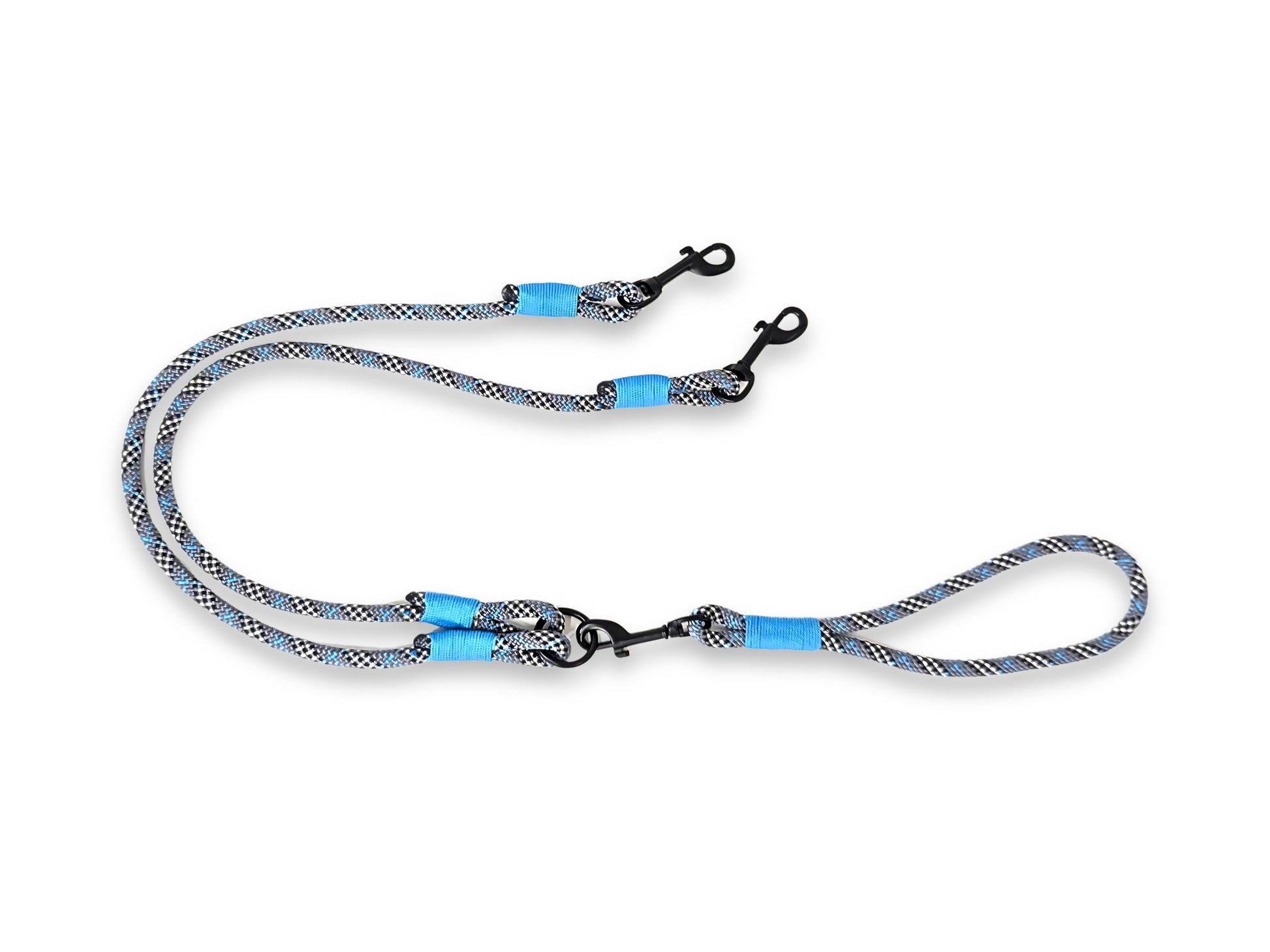 Handmade tartan grey and blue double dog rope lead for walking two dogs