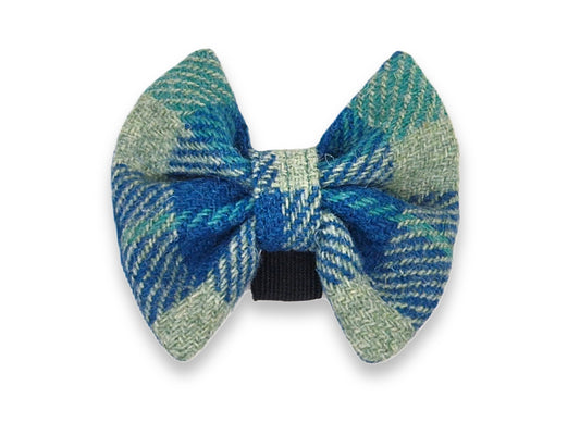 Teal and blue check Harris Tweed dog bow tie – handmade, classic, and elegant