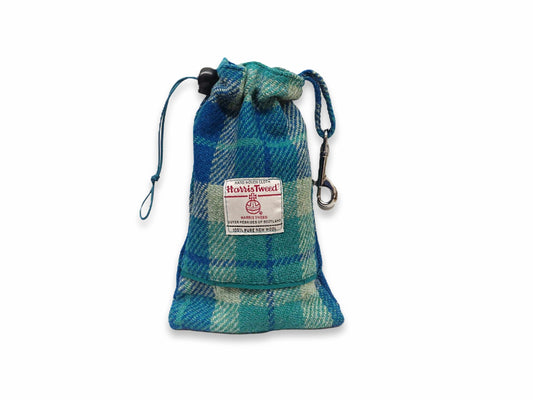 Teal and blue check Harris Tweed dog treat bag with poop bag holder