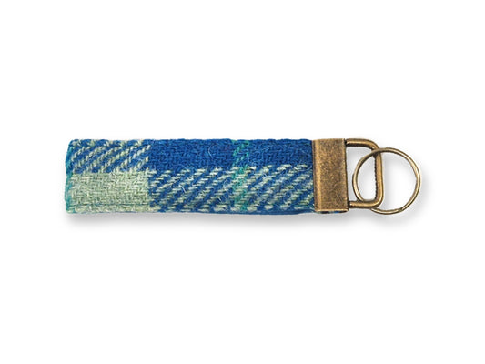 Teal and blue check Harris Tweed keyring with metal key fob