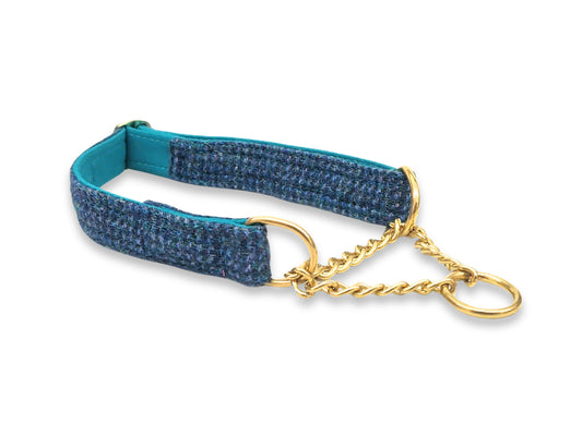 Handmade teal and blue tweed martingale half choke dog collar with gentle control and classic British design
