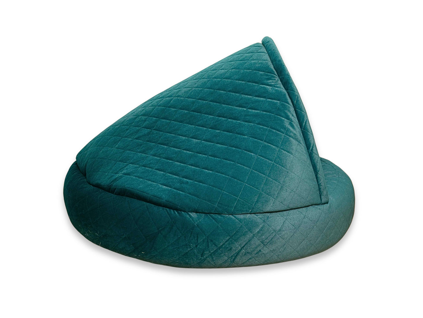Side view of the teal quilted cocoon dog bed showing full hooded structure
