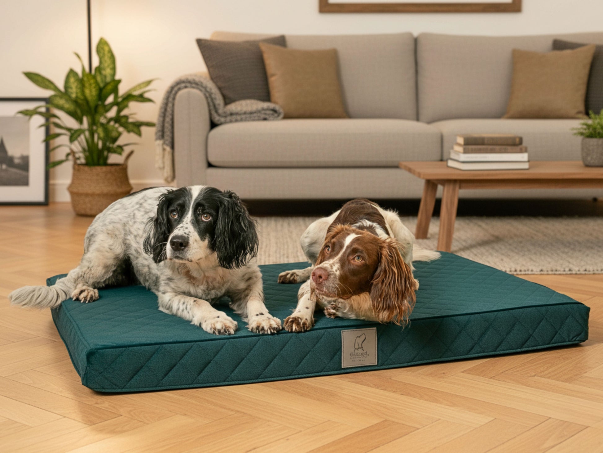Two spaniels resting on an emerald green quilted luxury dog mattress bed in a modern living room