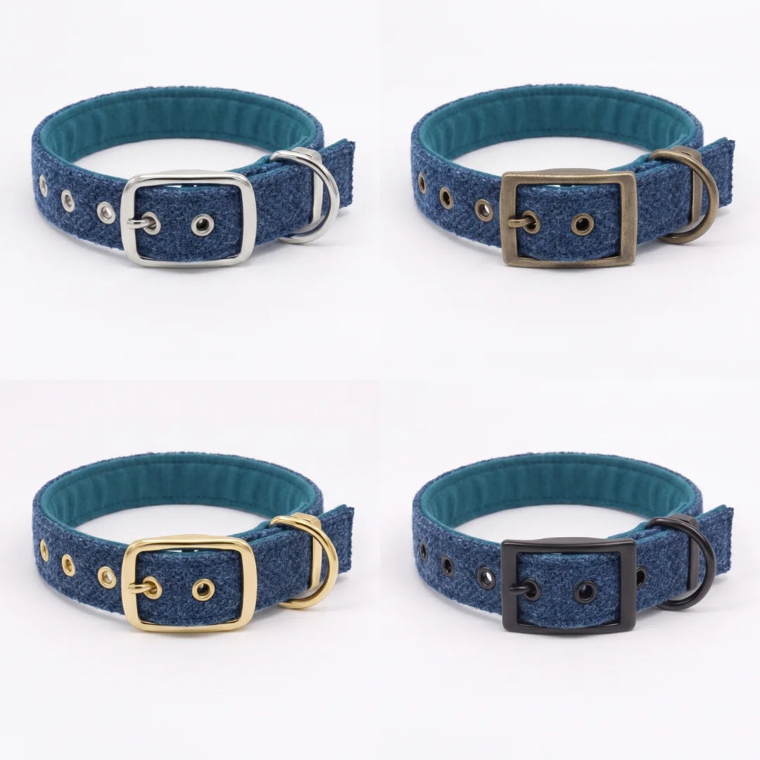 Four blue tweed dog collars with teal inner linings and different buckle colors (silver, bronze, gold, and black) arranged in a 2x2 grid on a white background.