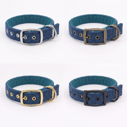 Four blue tweed dog collars with teal inner linings and different buckle colors (silver, bronze, gold, and black) arranged in a 2x2 grid on a white background.
