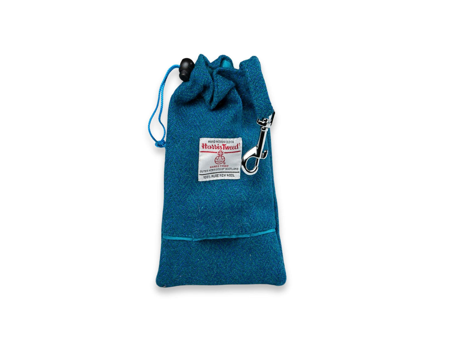 Teal herringbone Harris Tweed dog treat bag with poop bag dispenser