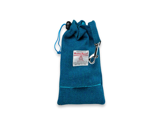 Teal herringbone Harris Tweed dog treat bag with poop bag dispenser