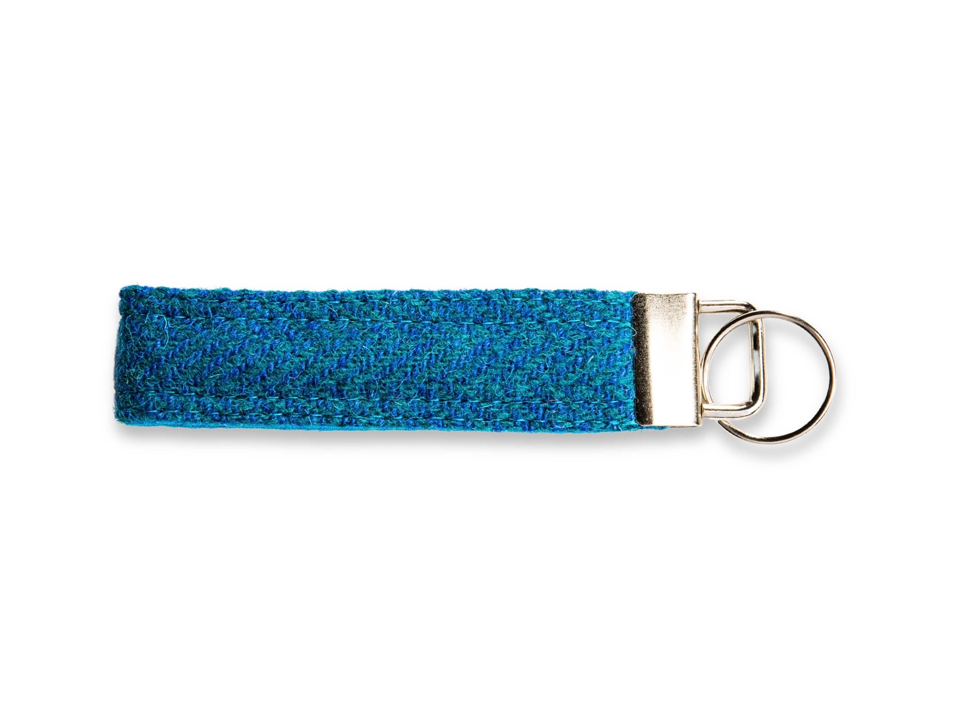 Teal herringbone Harris Tweed keyring with silver metal fob