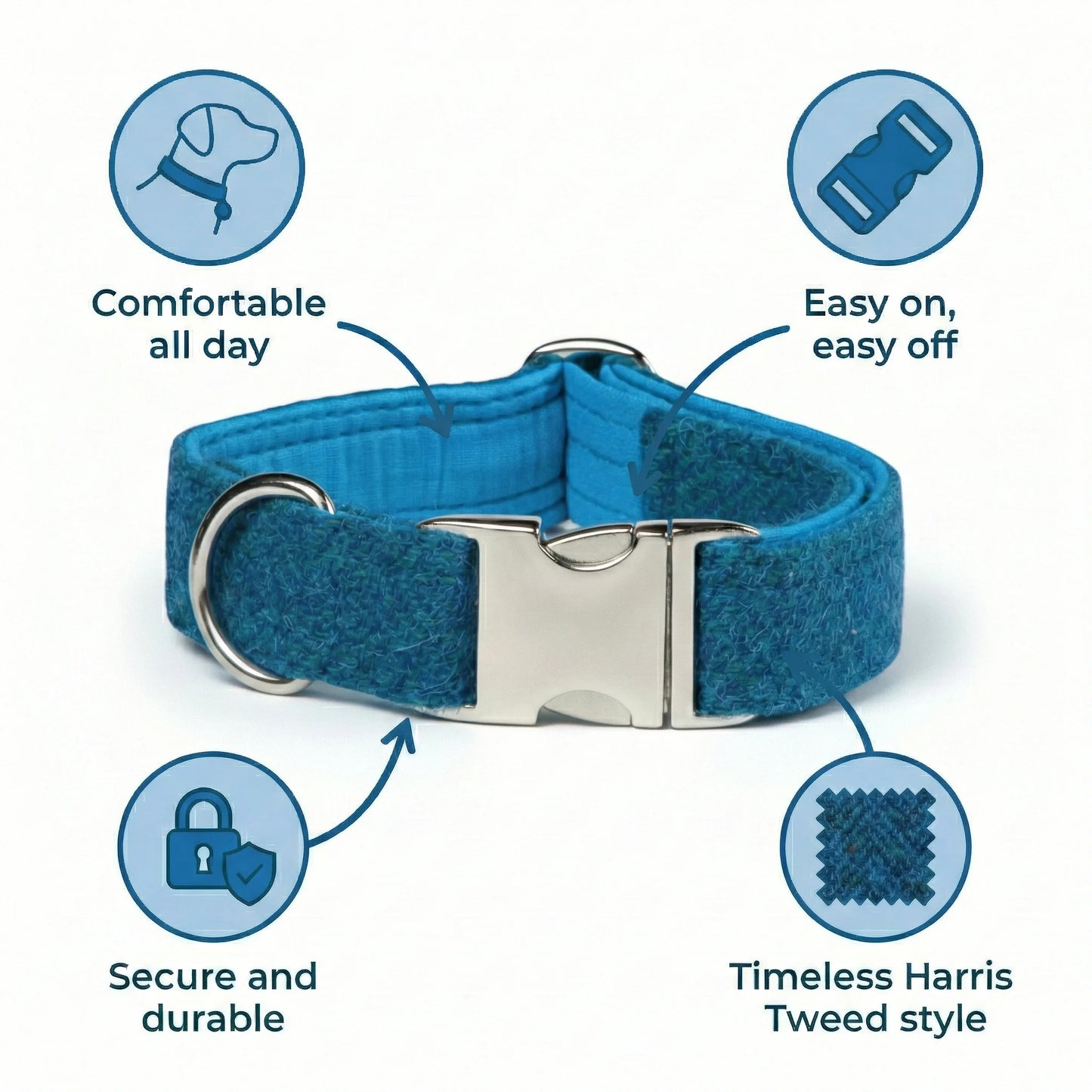 Blue dog collar with features labeled on a white background