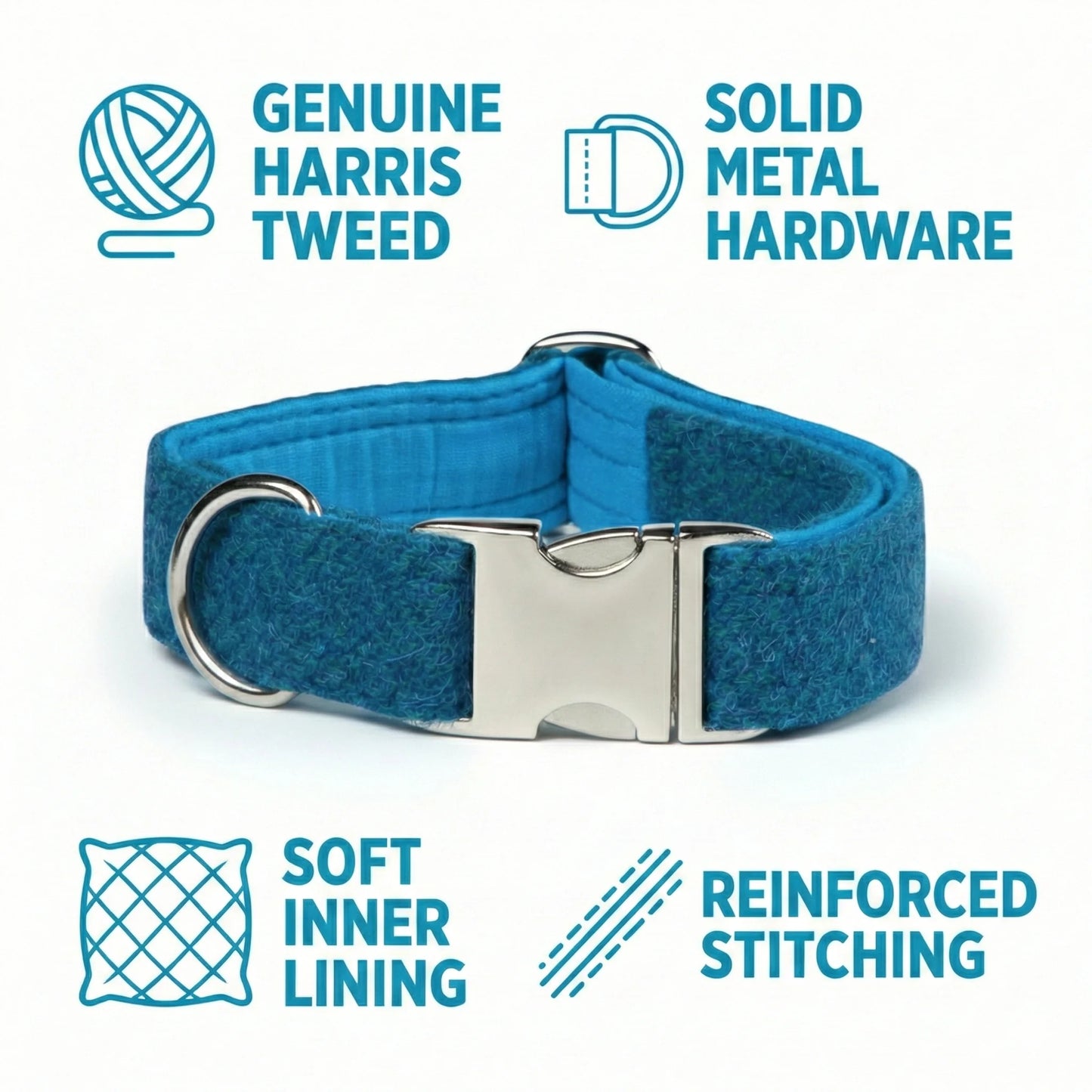 Blue dog collar with metal buckle on a white background, featuring Harris Tweed and hardware details.