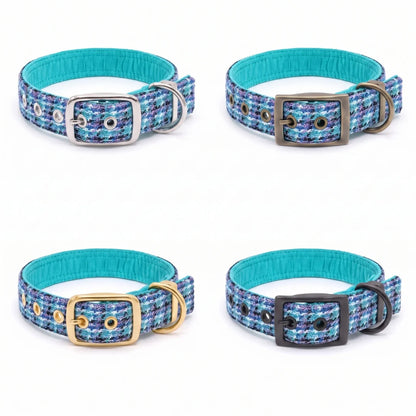 Teal, Lilac & Black Check - Buckle Fastening Luxury Harris Tweed Dog Collar