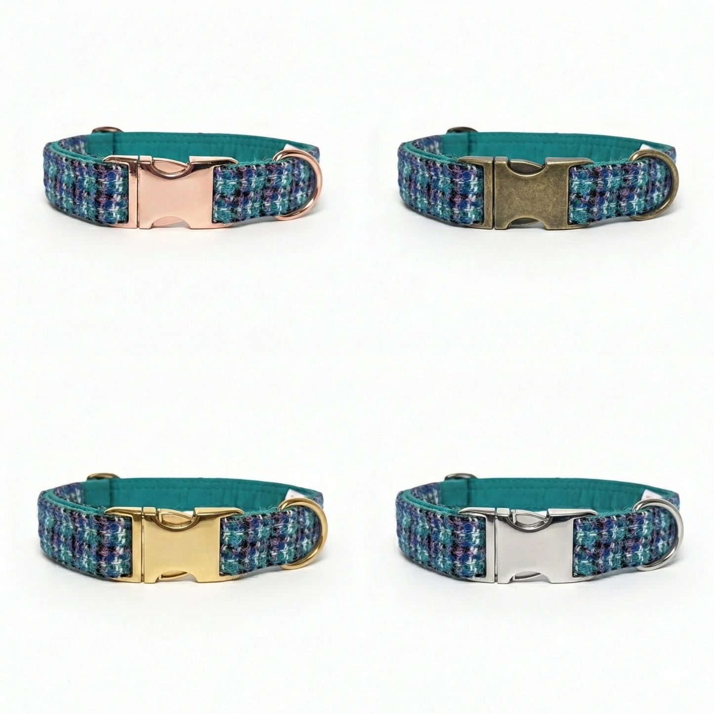 Four teal dog collars with different metal buckles on a white background
