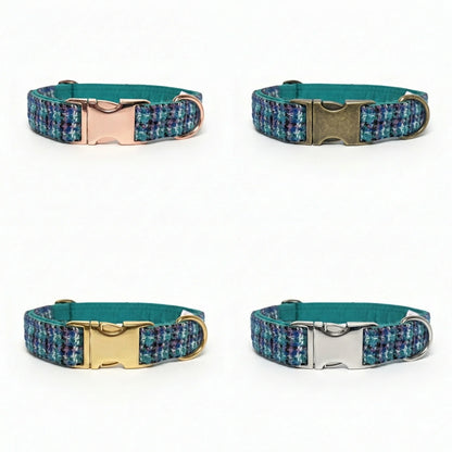 Four teal dog collars with different metal buckles on a white background