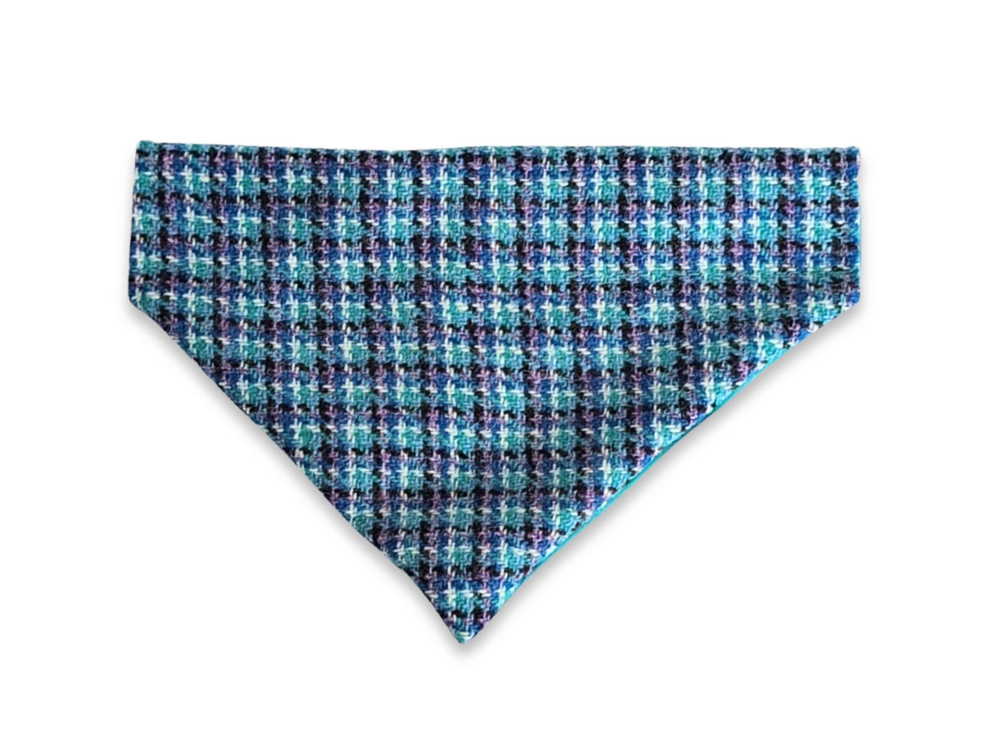 Teal, lilac and black check Harris Tweed dog bandana
