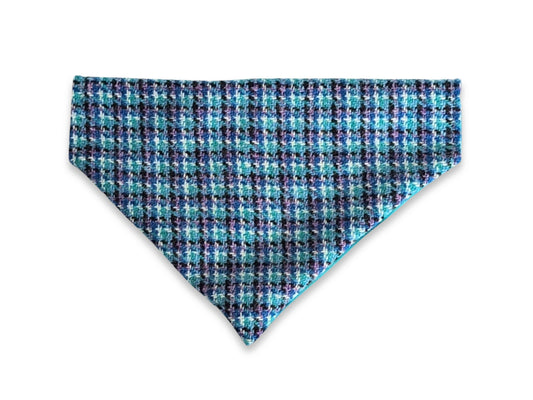 Teal, lilac and black check Harris Tweed dog bandana
