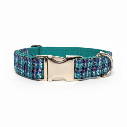 Teal, lilac and black check Harris Tweed dog collar with clasp on a white background