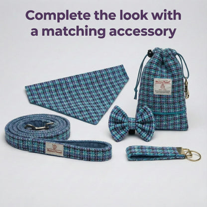 Dog accessory set including collar, leash, bow tie, and pouch on a light gray background.