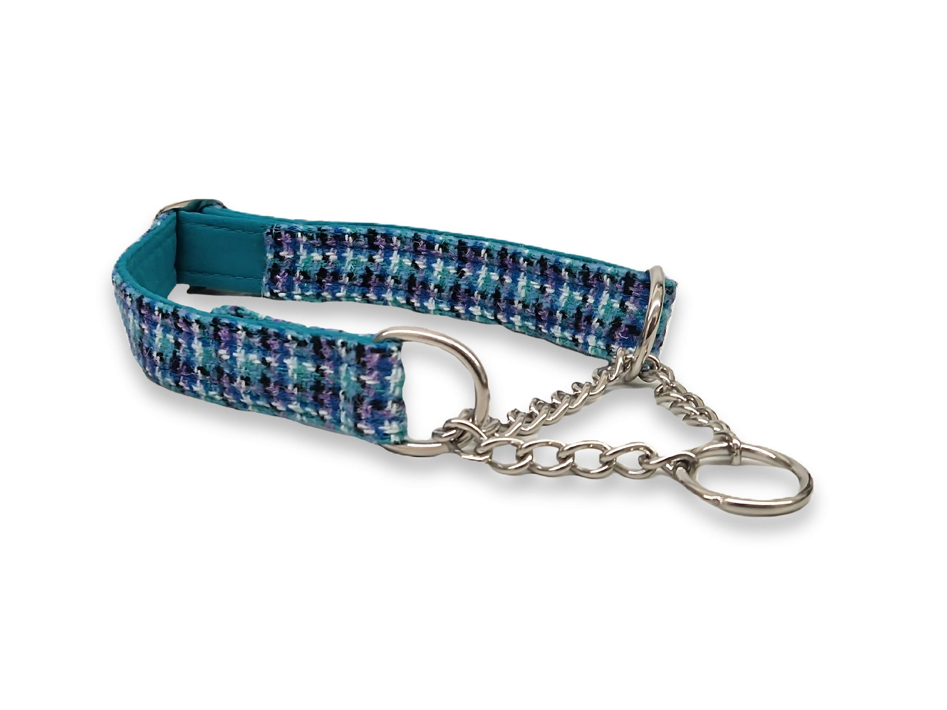 Teal, lilac and black tweed martingale collar, handmade in Yorkshire with soft cotton lining, perfect for stylish sighthounds and gentle control