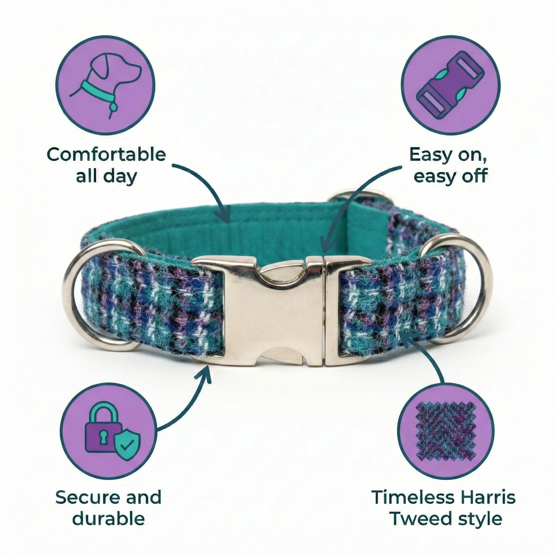 Teal and purple patterned dog collar with metallic buckle, featuring text on comfort, ease of use, security, and style.