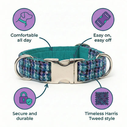 Teal and purple patterned dog collar with metallic buckle, featuring text on comfort, ease of use, security, and style.
