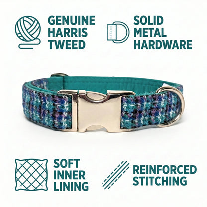 Teal Harris Tweed dog collar with metal buckle on a white background, featuring brand and quality attributes.