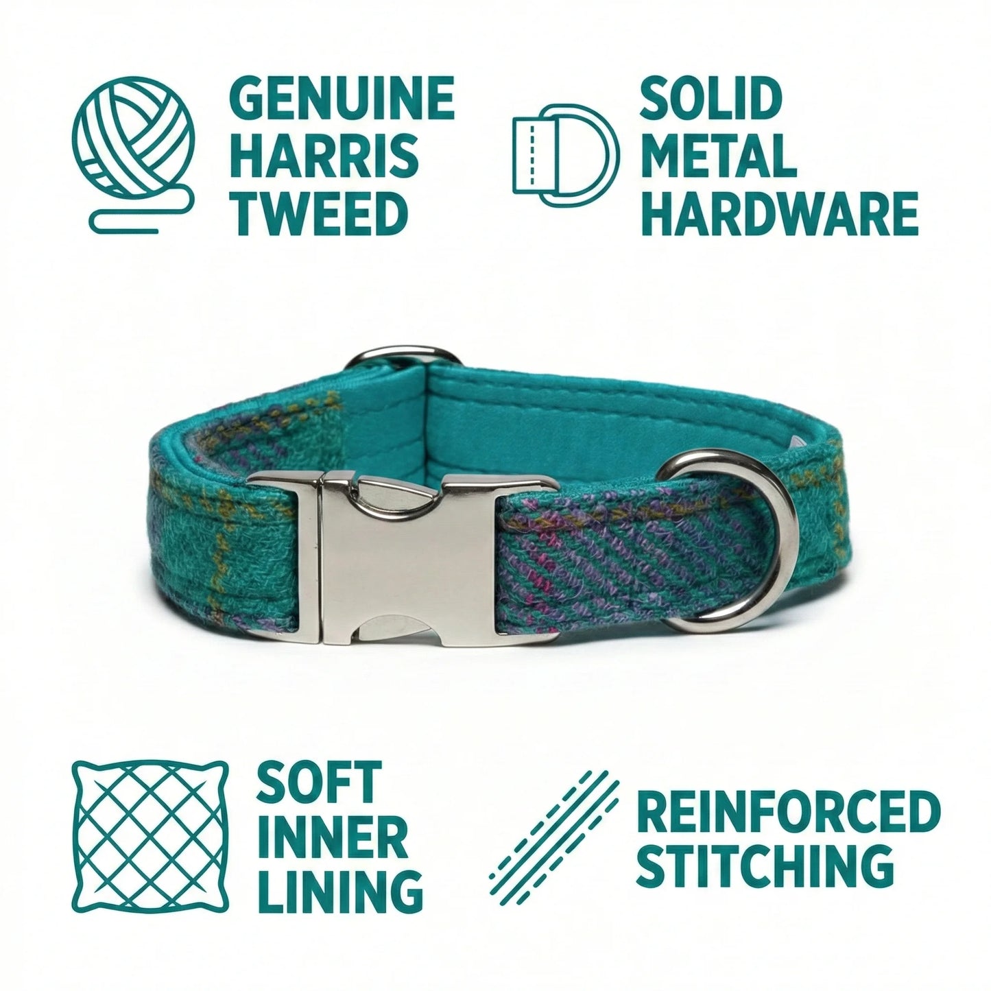 Teal Harris Tweed dog collar with metal hardware on a white background, featuring brand icons and text.