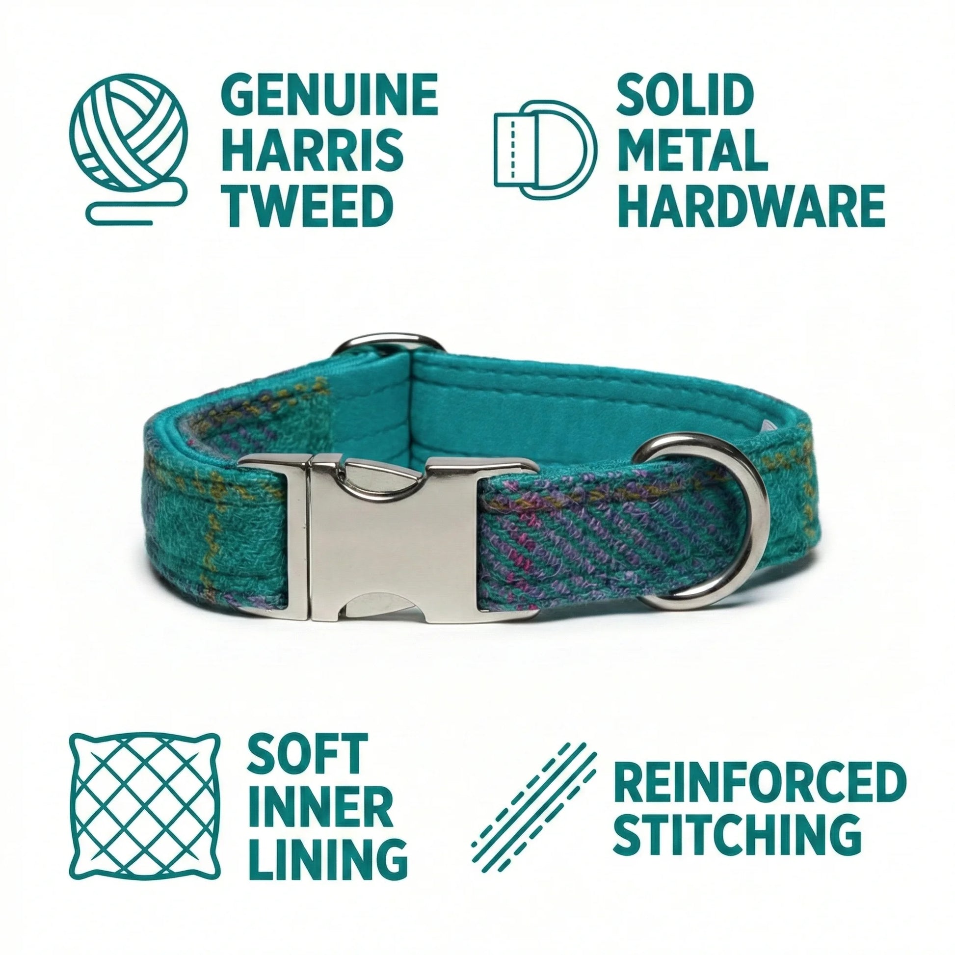 Teal Harris Tweed dog collar with metal hardware on a white background, featuring brand icons and text.