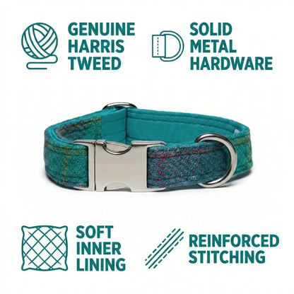 Teal Harris Tweed dog collar with metal hardware on a white background, featuring brand icons and text.