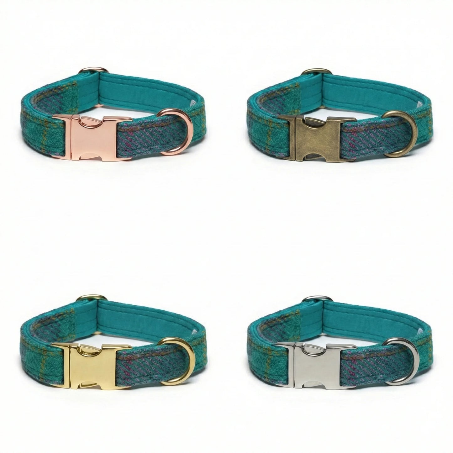 Four teal dog collars with different metal buckles on a white background