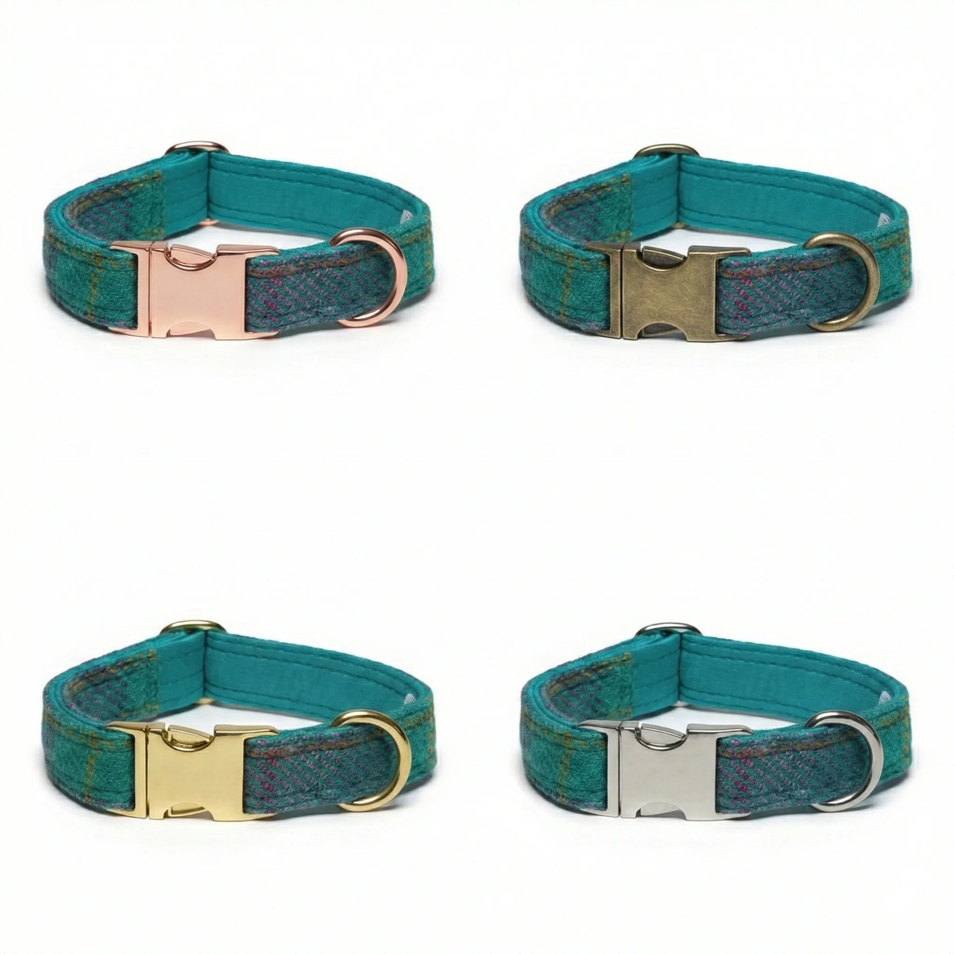 Four teal dog collars with different metal buckles on a white background