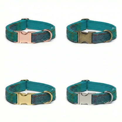 Four teal dog collars with different metal buckles on a white background