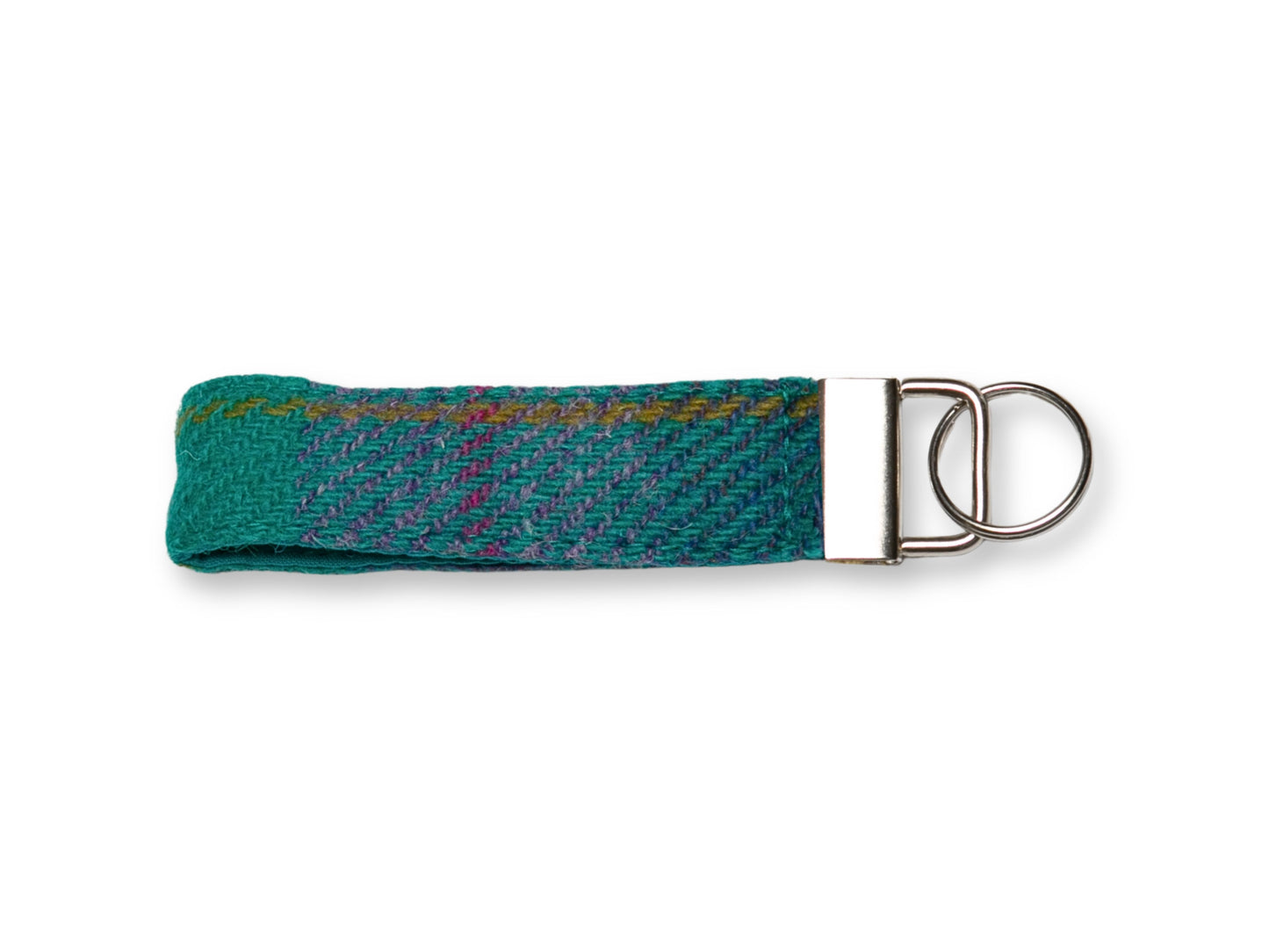 Teal and lilac check Harris Tweed keyring with metal key fob