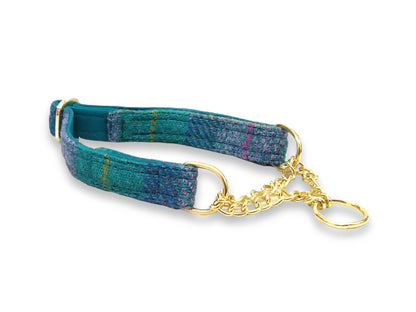Teal and lilac check tweed martingale dog collar, handmade in Yorkshire with soft cotton lining, designed for comfort and gentle control