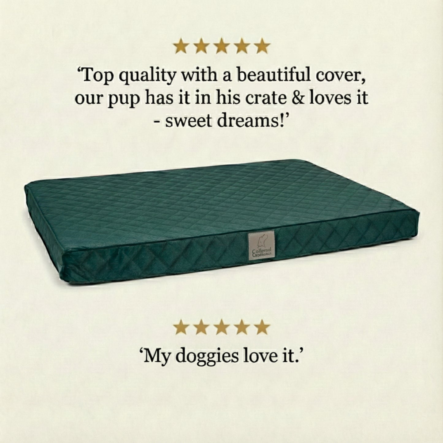 Green pet bed with customer reviews on a beige background