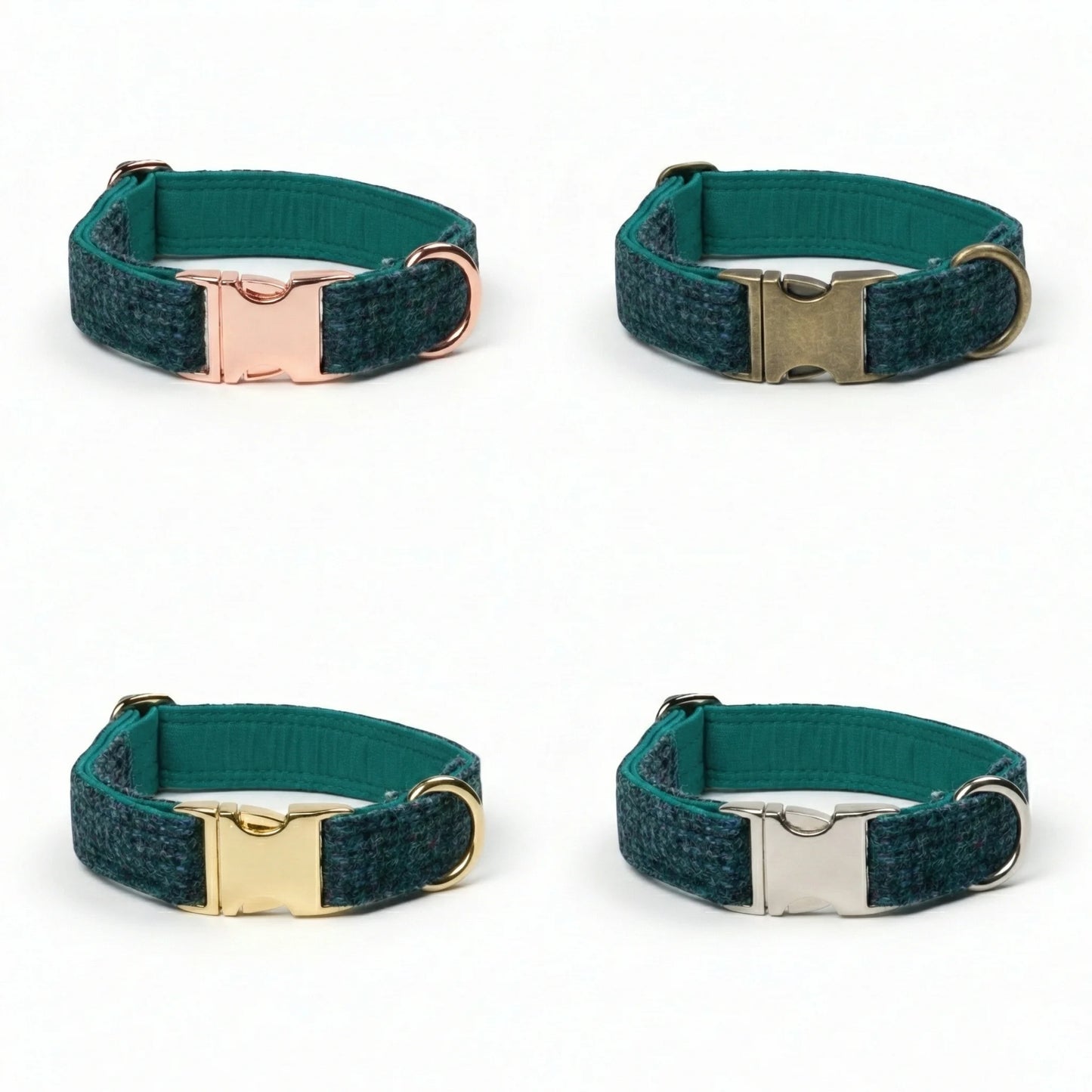 Four teal dog collars with different metal buckles on a white background