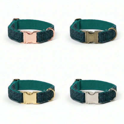 Four teal dog collars with different metal buckles on a white background