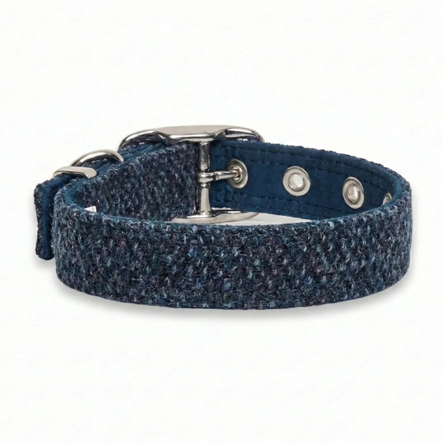 Navy blue dog collar with metal buckle on a white background