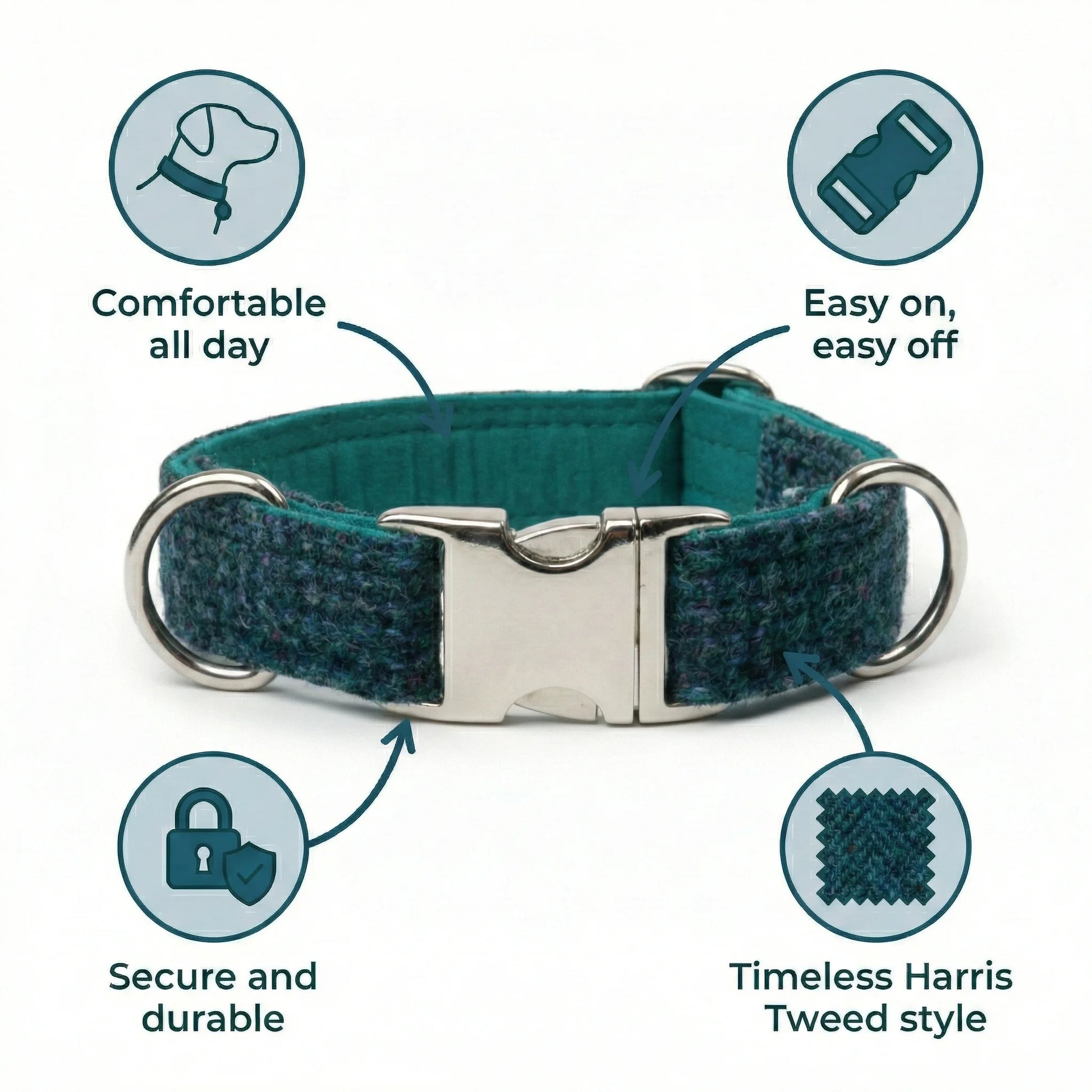 Teal dog collar with metallic buckle on a white background, featuring icons and text about comfort, ease of use, security, and style.