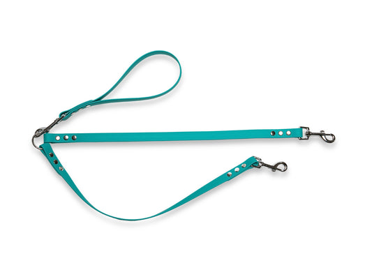 Teal waterproof Biothane dog split lead for two dogs, handmade in the UK