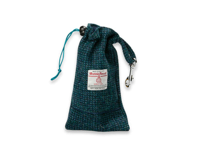 Teal and blue Harris Tweed dog treat bag with poop bag dispenser