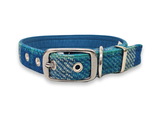 teal and blue check luxury harris tweed buckle dog collar