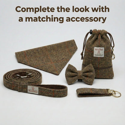 Set of brown herringbone accessories including a bow tie, dog leash, and pouch on a light gray background.